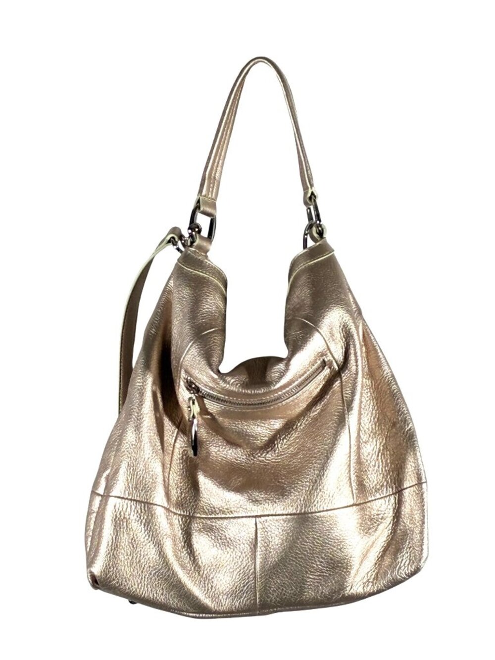 B Makowski Metallic pebbled Leather Shoulder Bag With Adjustable Strap & Front Z